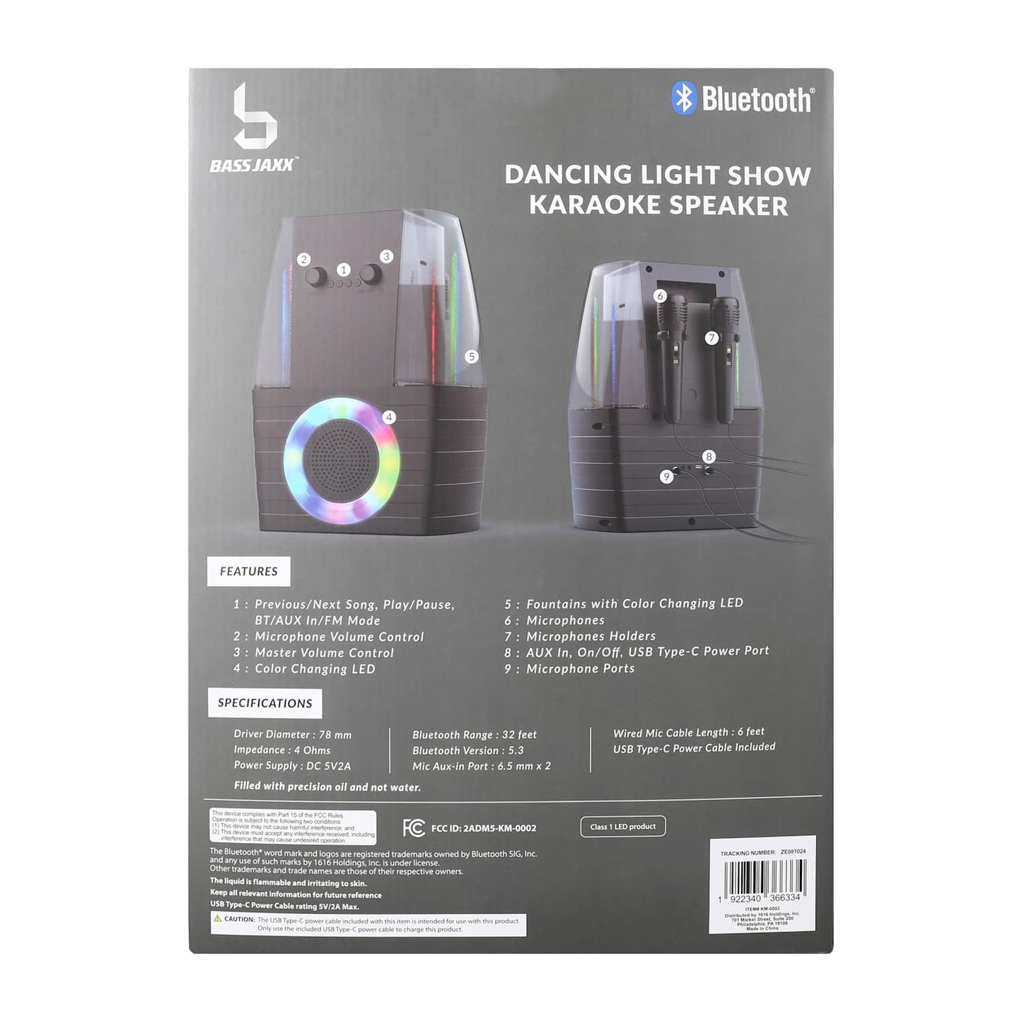 Bass Jaxx™ Dancing Light Show Karaoke Bluetooth® Speaker